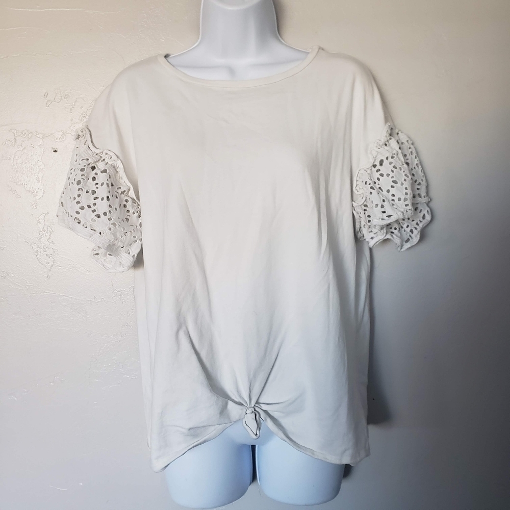 She + Sky Women's Large White Short Sleeve Blouse Shirt Eyelet Lace Girly Top